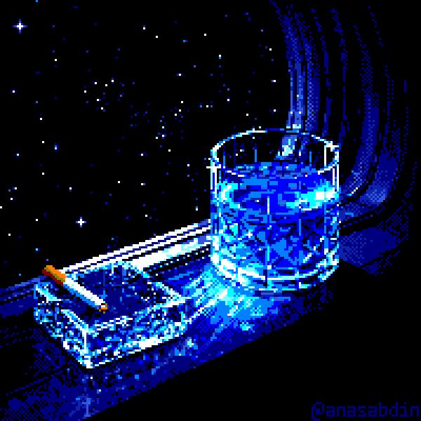 Blue Neon Ashtray and Glass