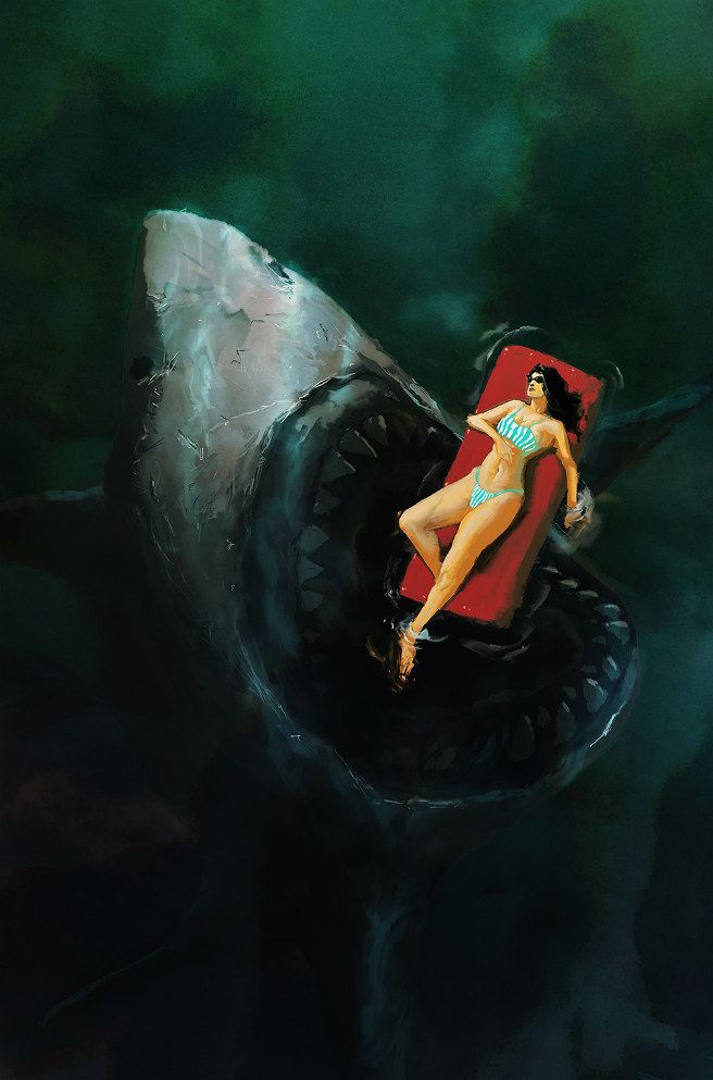 Woman Relaxing on Shark Mouth