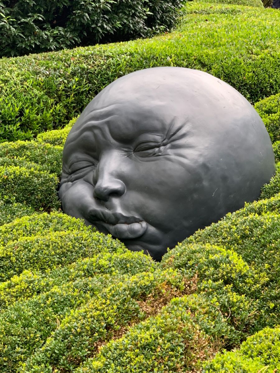 Giant Face Sculpture Amid Greenery