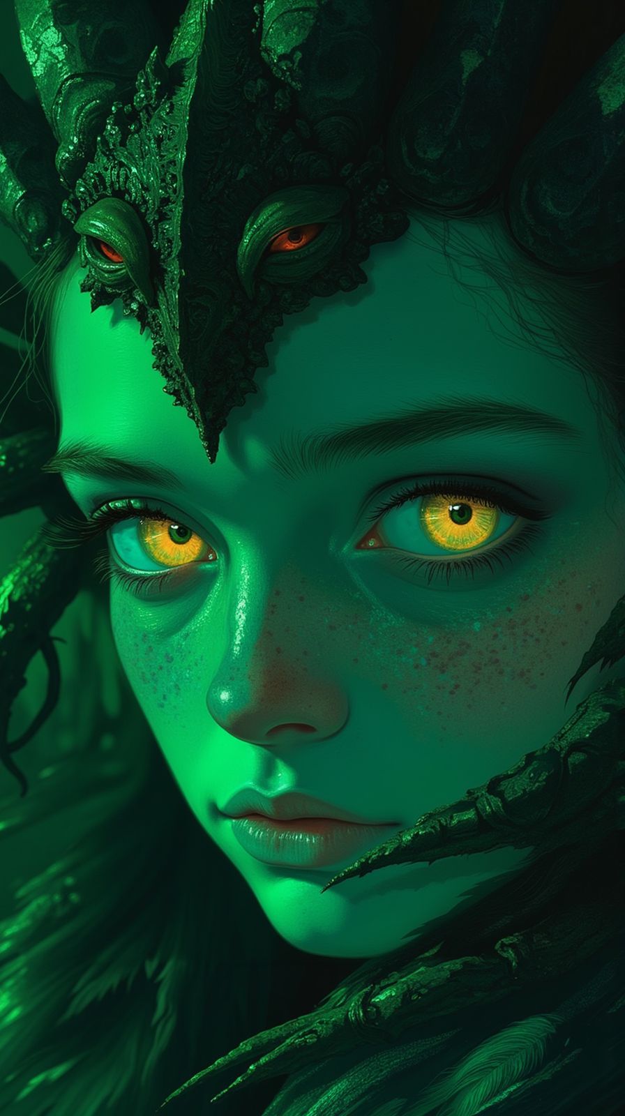 Green-skinned Woman with Glowing Eyes