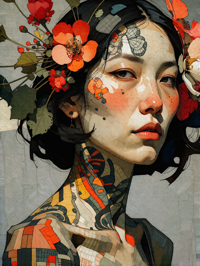 Tattooed Woman with Floral Headpiece