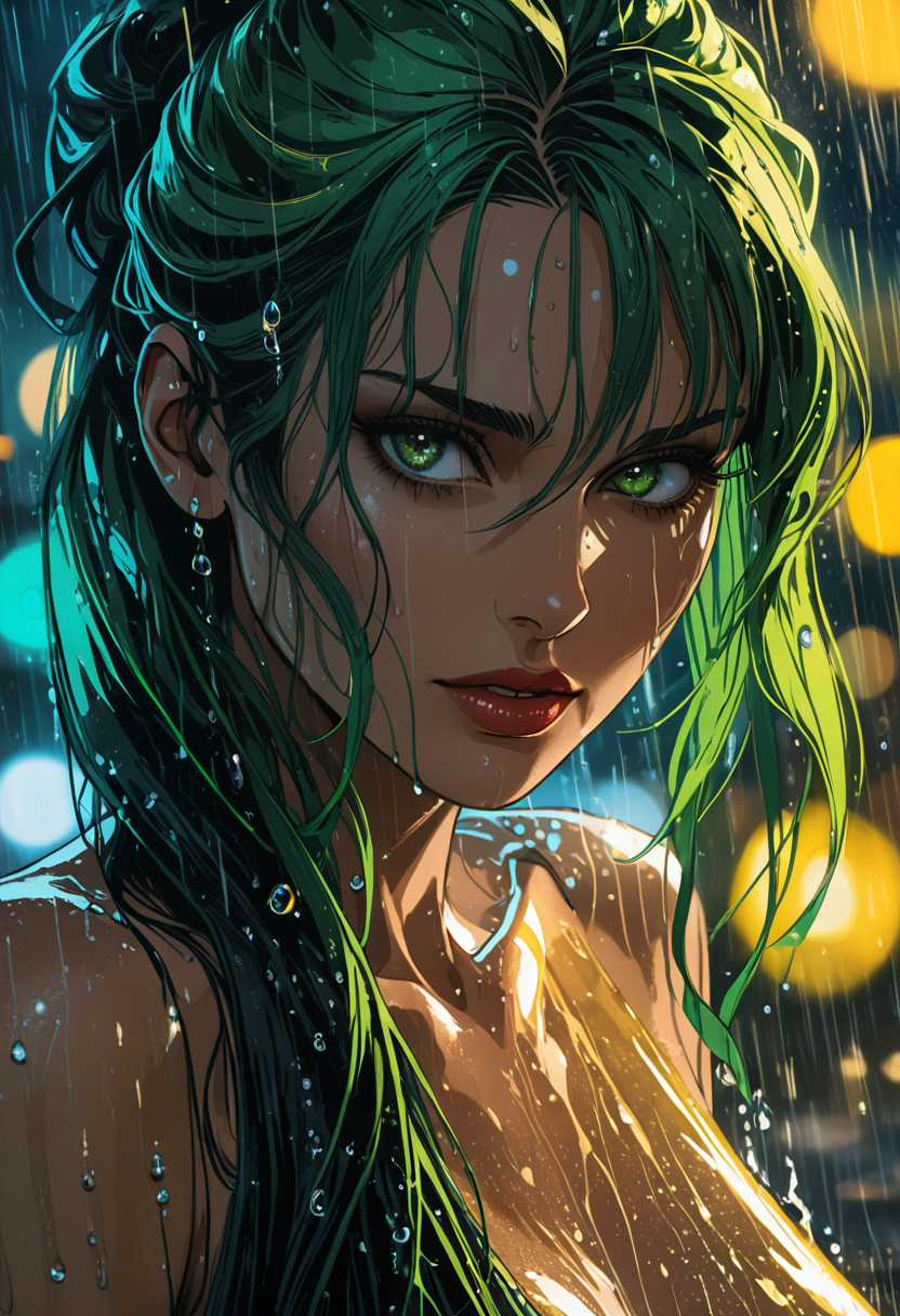 Rain-soaked Green Haired Woman