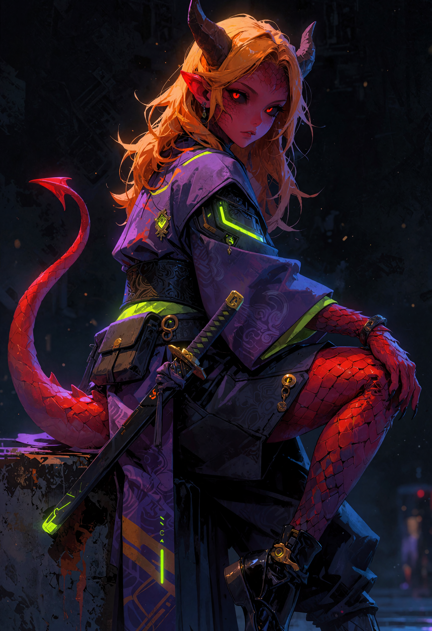Cyberpunk Warrior with Dragon Tail