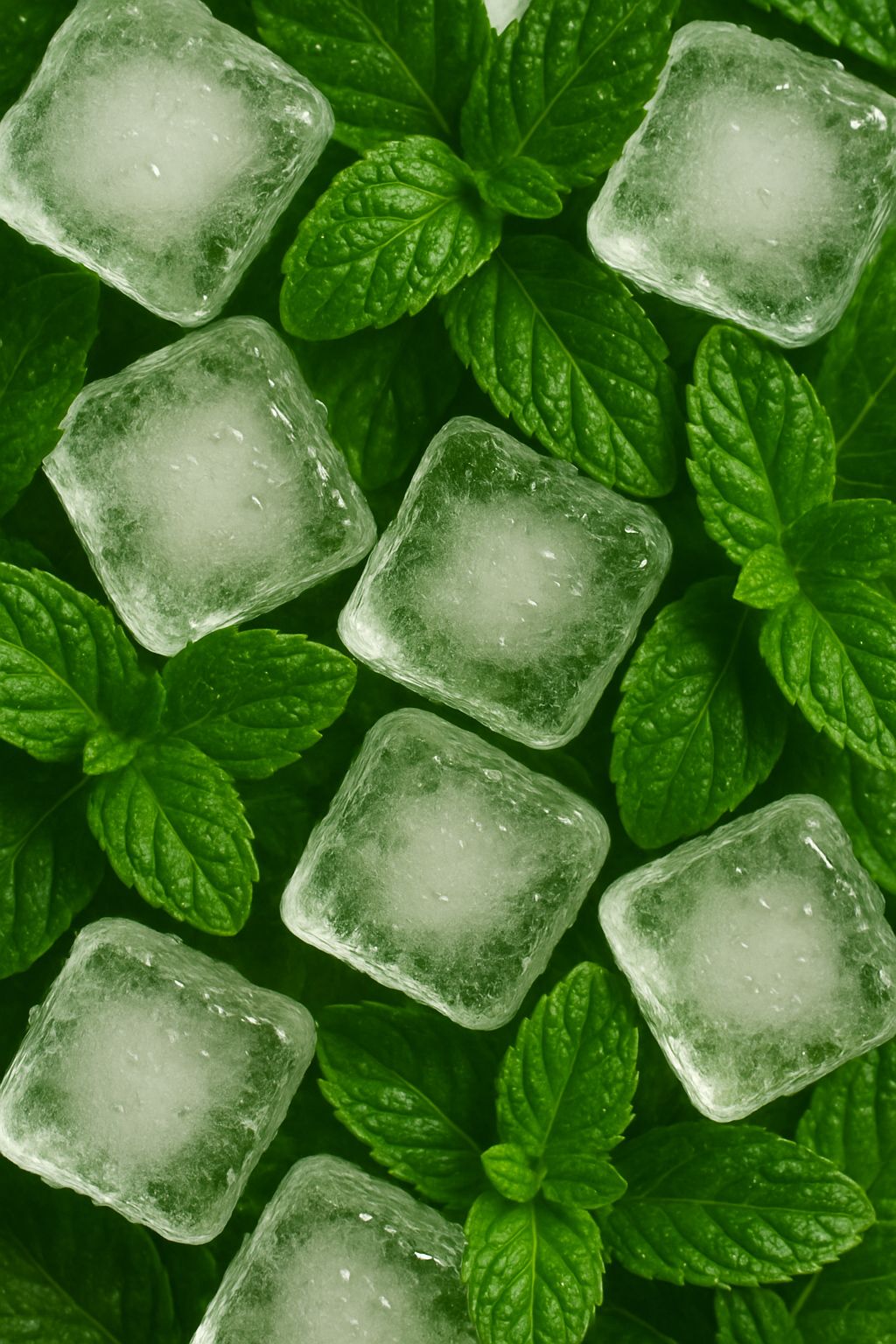 Ice Cubes Amid Fresh Mint Leaves