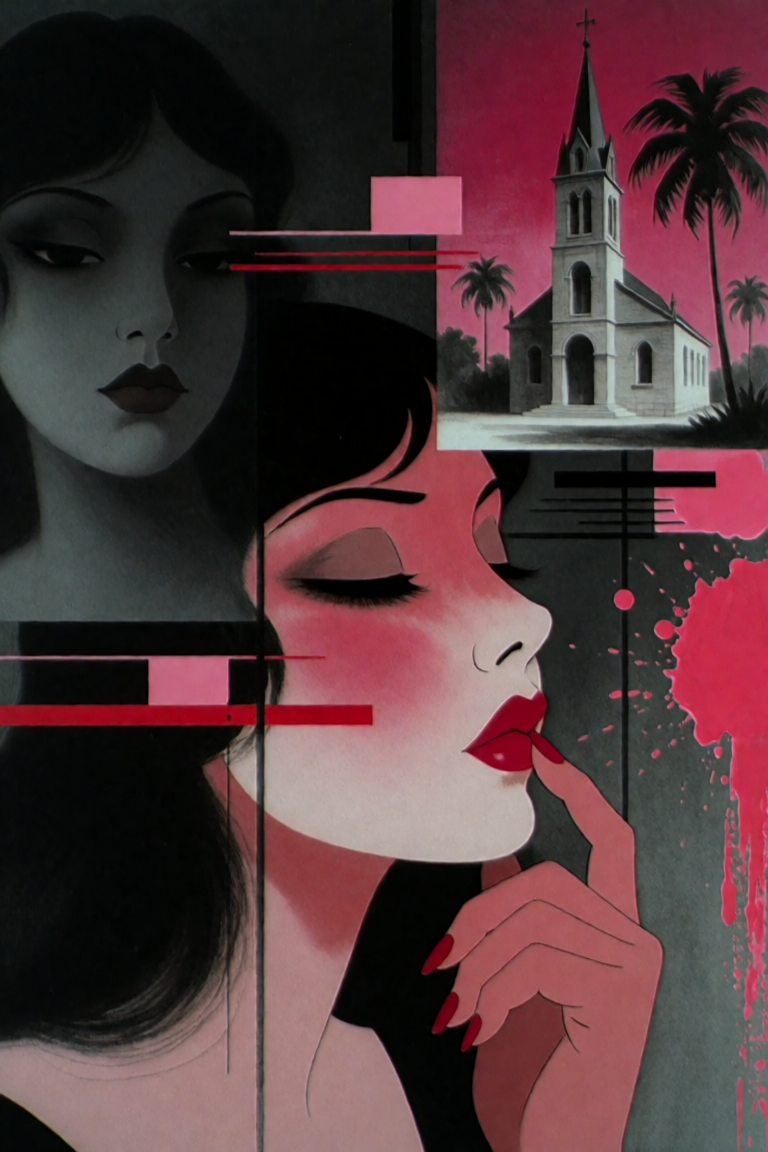 Abstract Artwork with Woman and Church