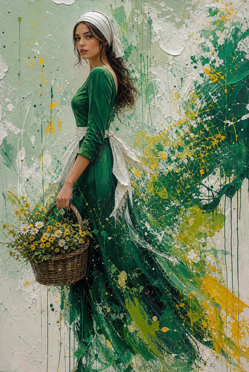 Green Fairy with Basket of Flowers