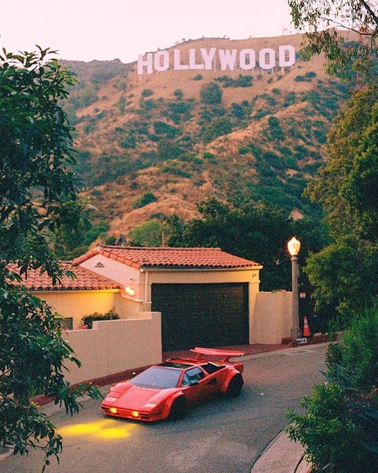 Hollywood Sign and Red Car