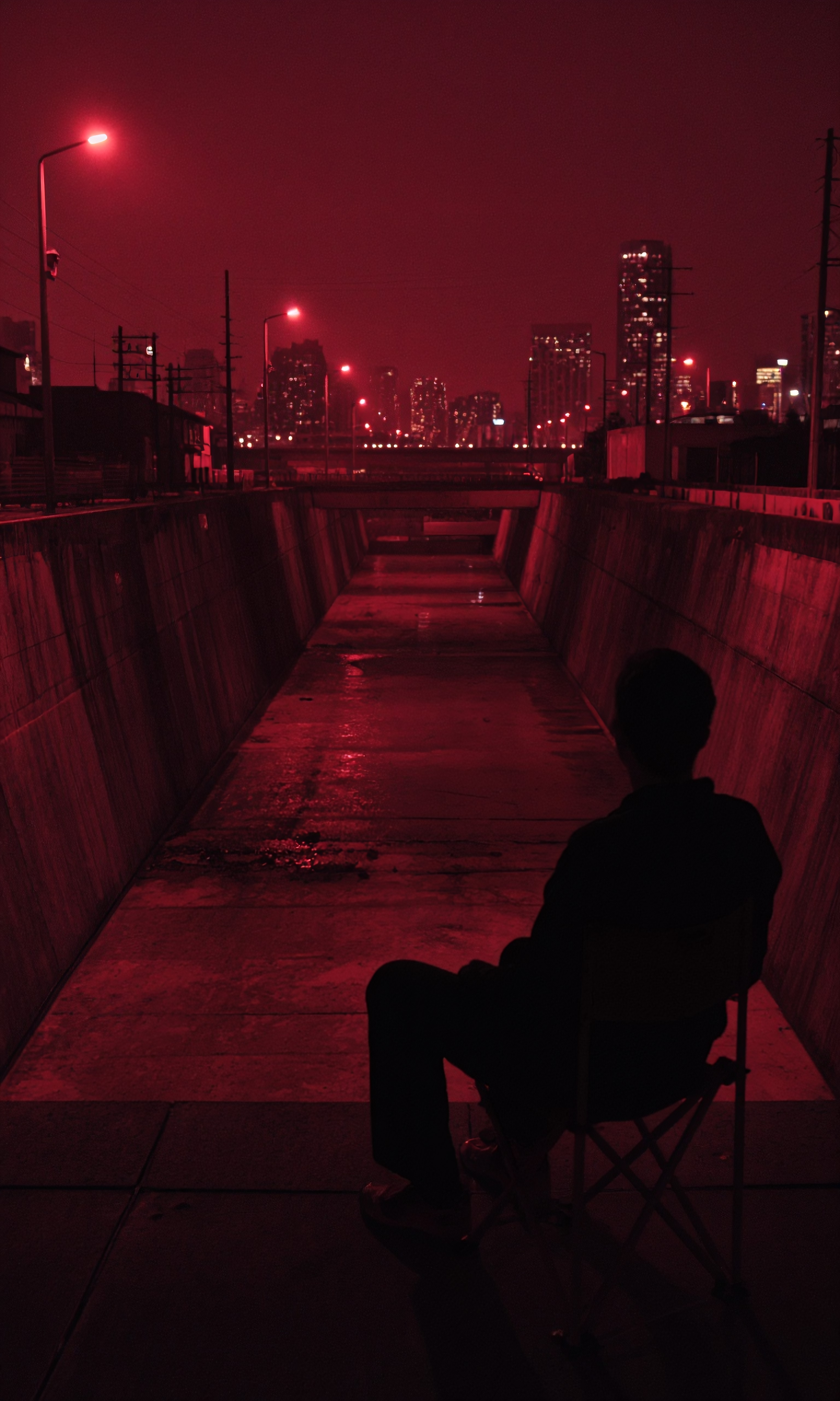 Red-lit urban solitude
