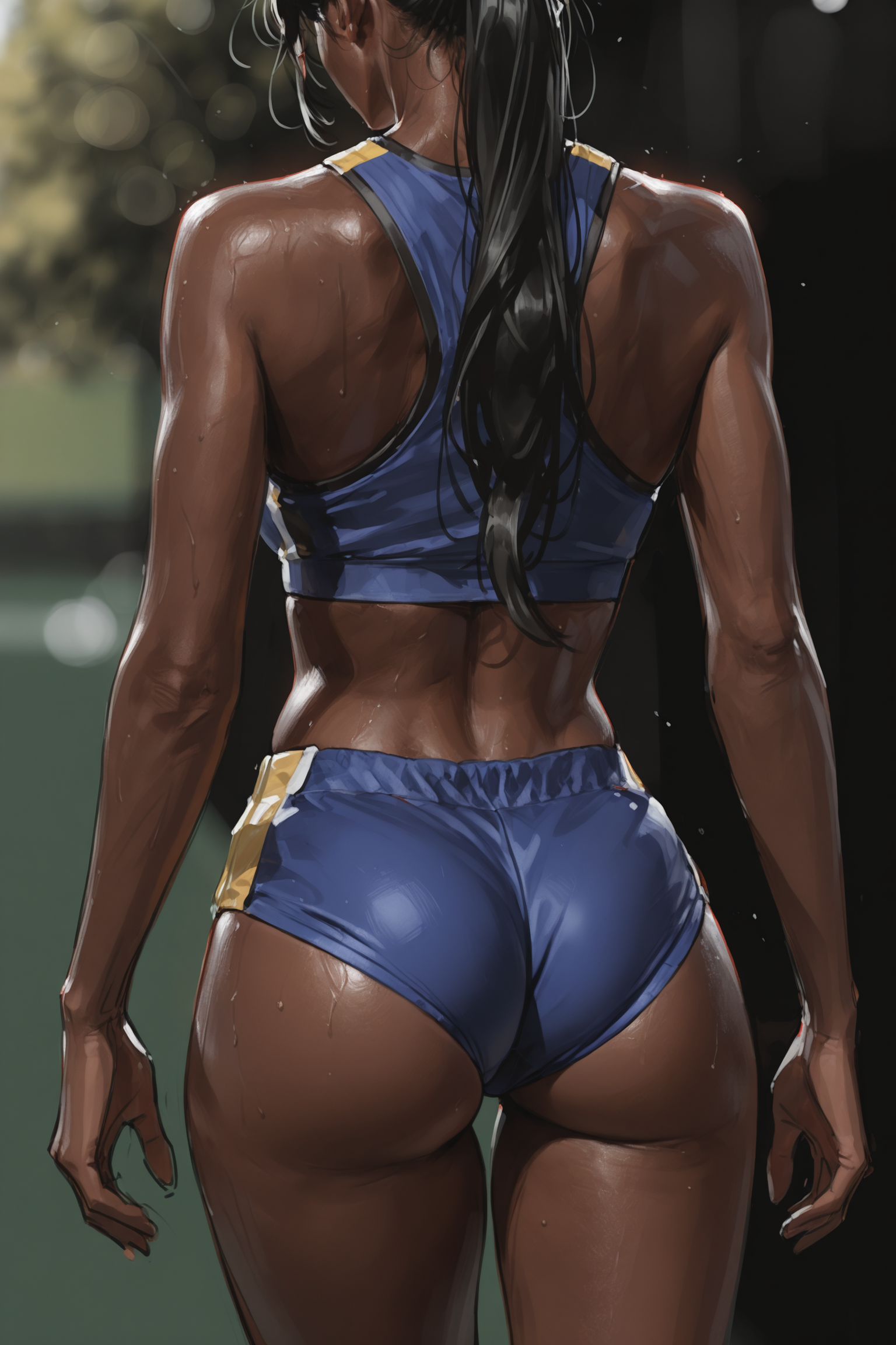 Muscular Woman in Wet Sports Bra and Shorts