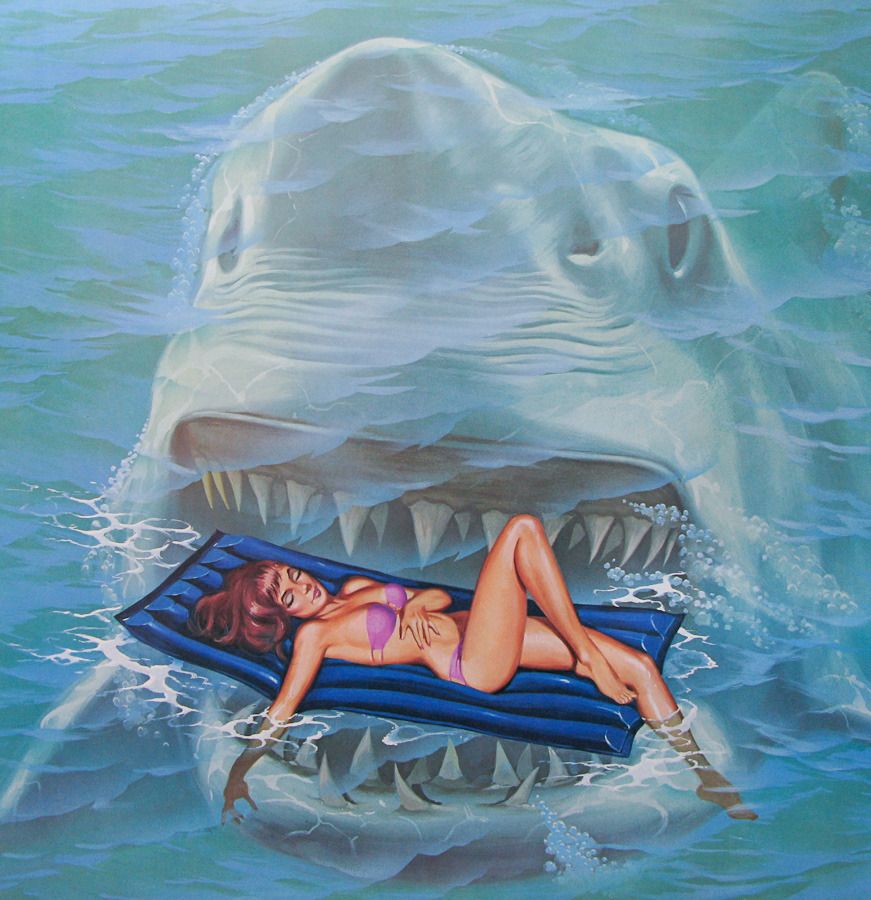 Woman on Inflatable Mattress Surrounded by Shark