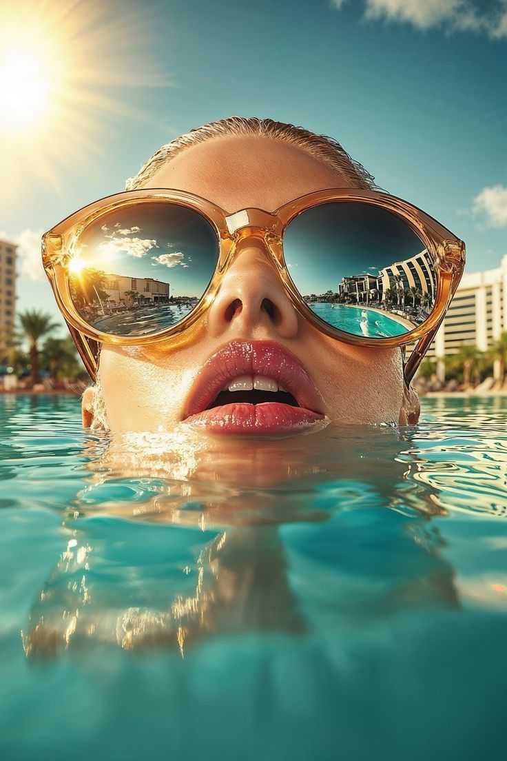 Woman in Sunglasses Emerging from Pool