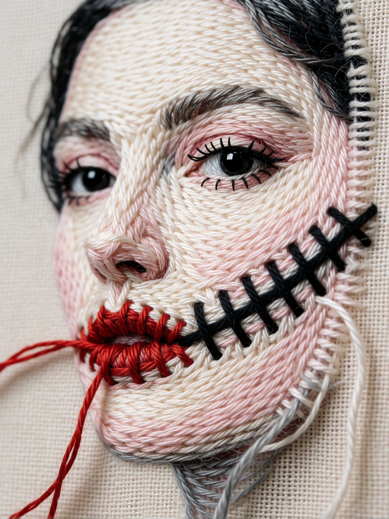 Embroidered Face with Stitched Mouth