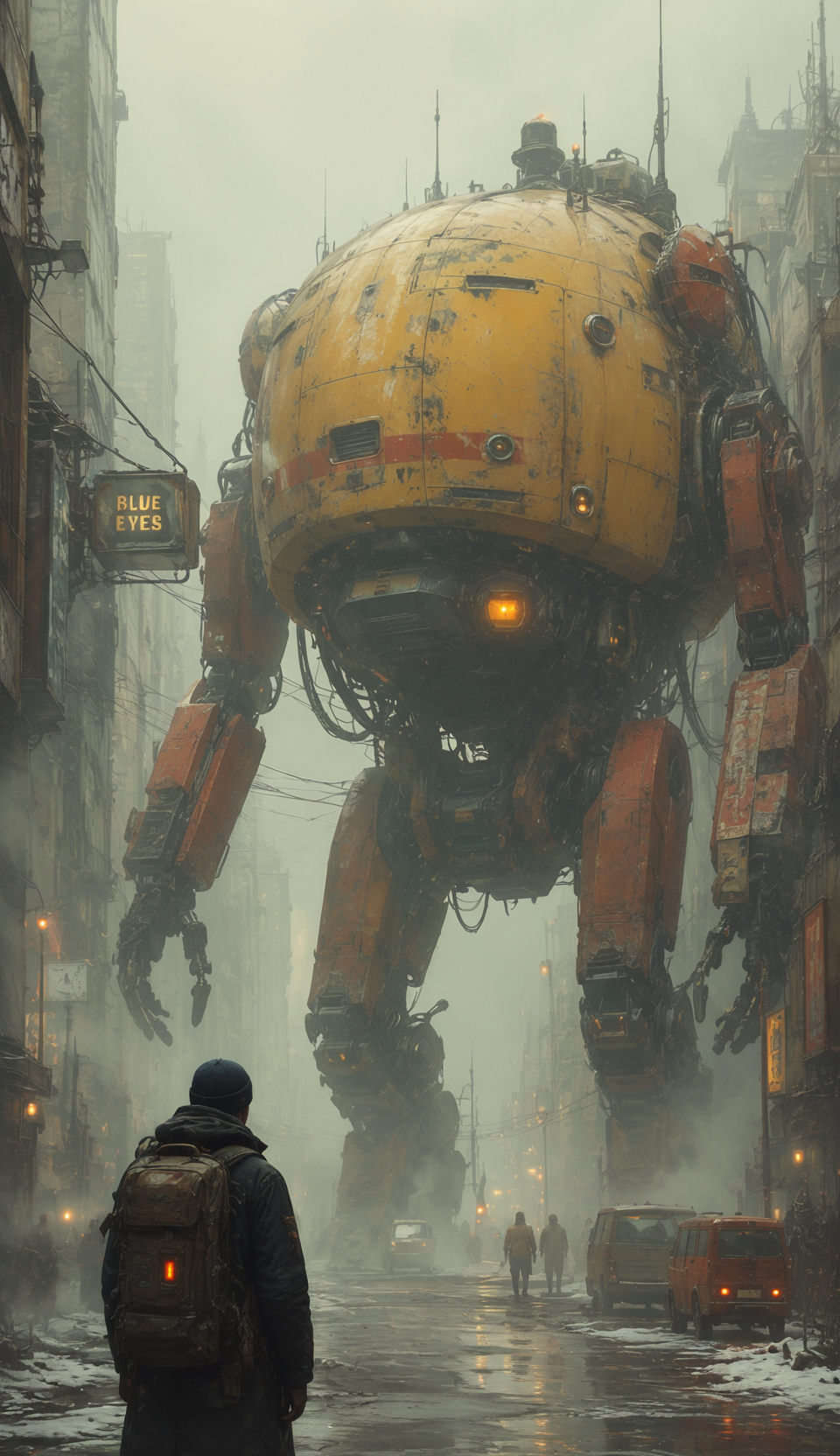 Giant Robot in Foggy Alley