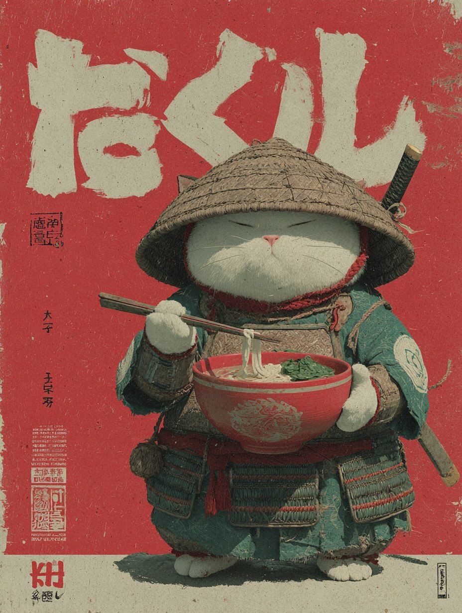 Cat Samurai Eating Ramen