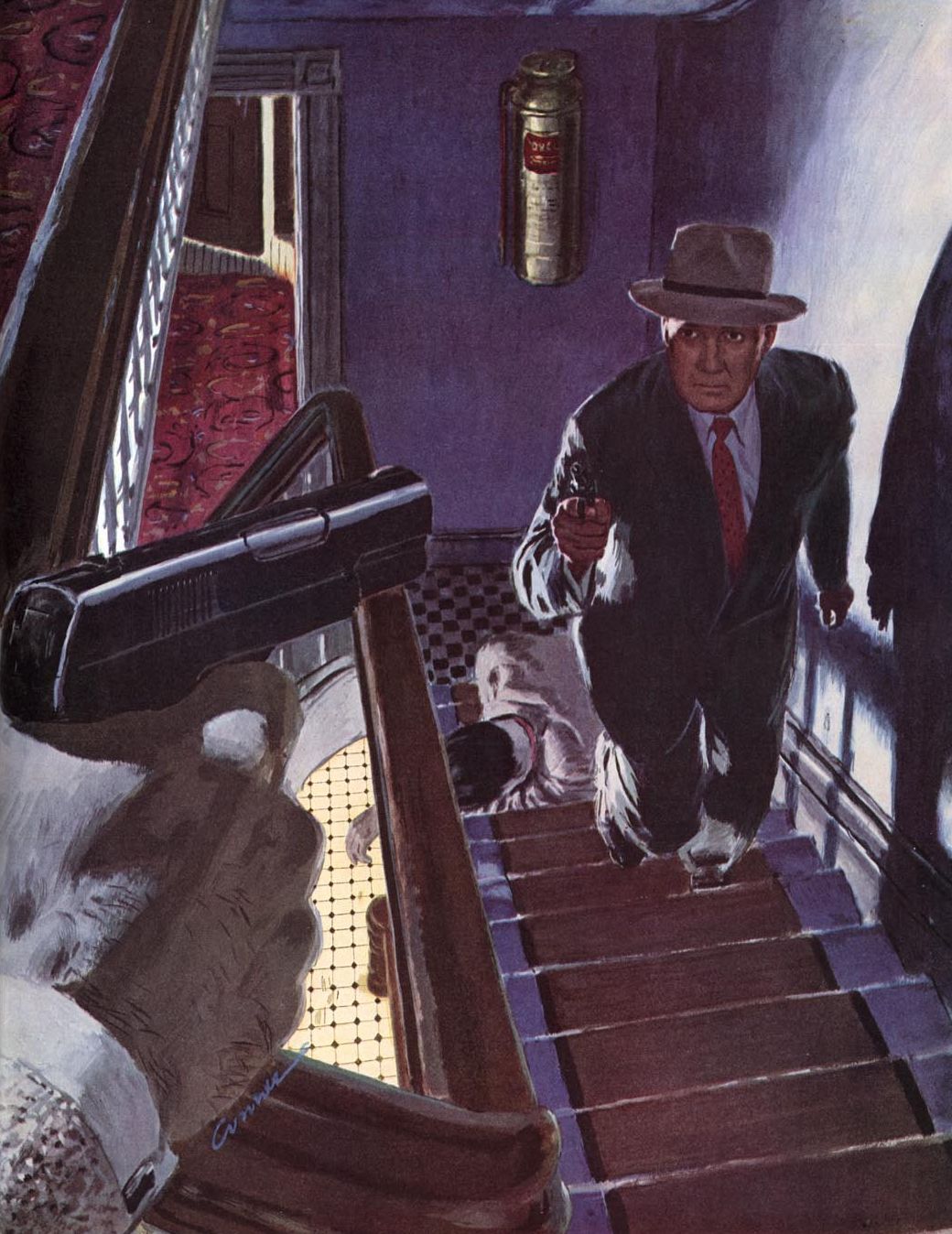 Man with gun descends stairs