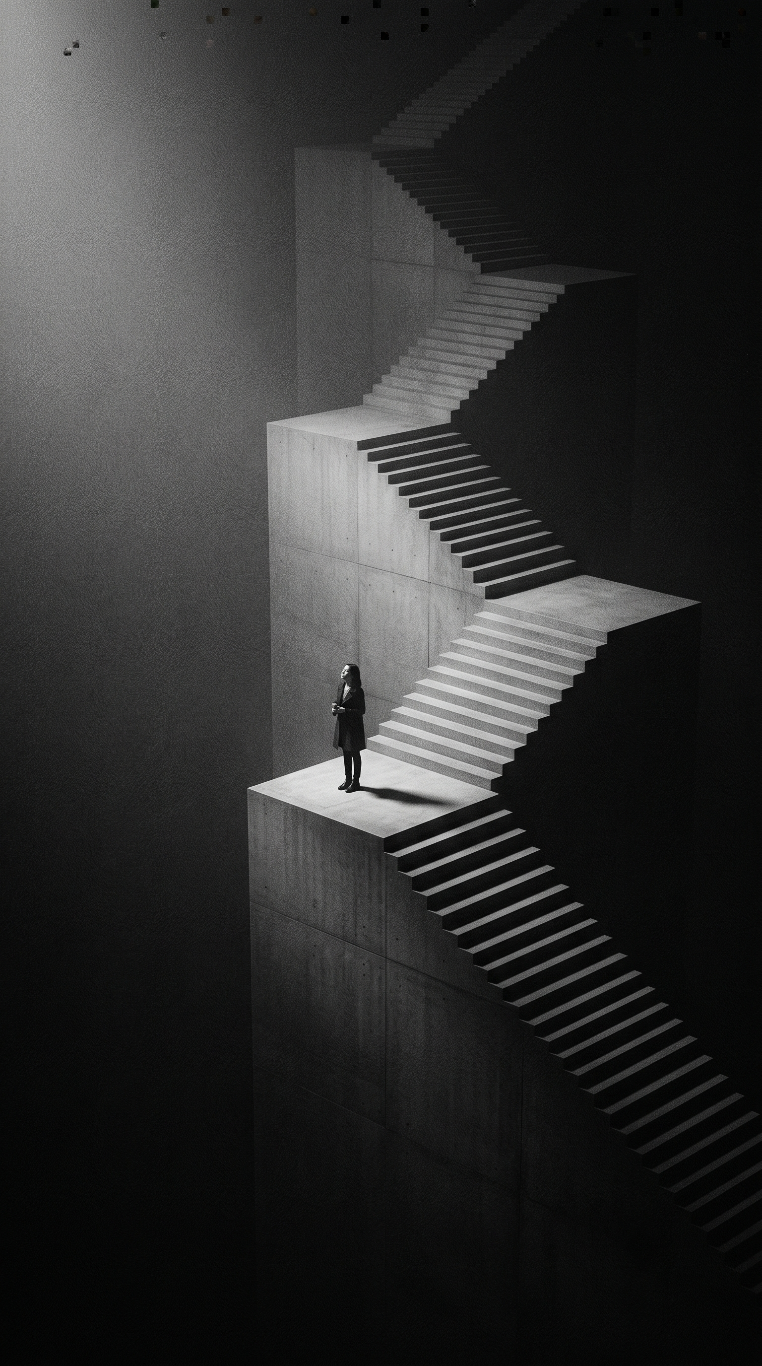 Solitary Figure Ascending Surreal Staircase