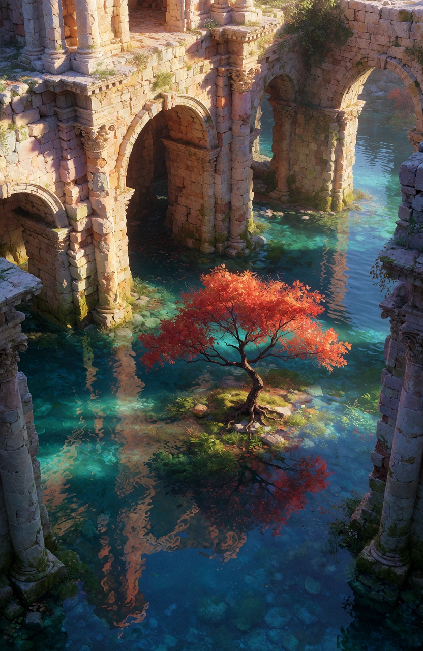 Ancient Ruins and Autumn Tree
