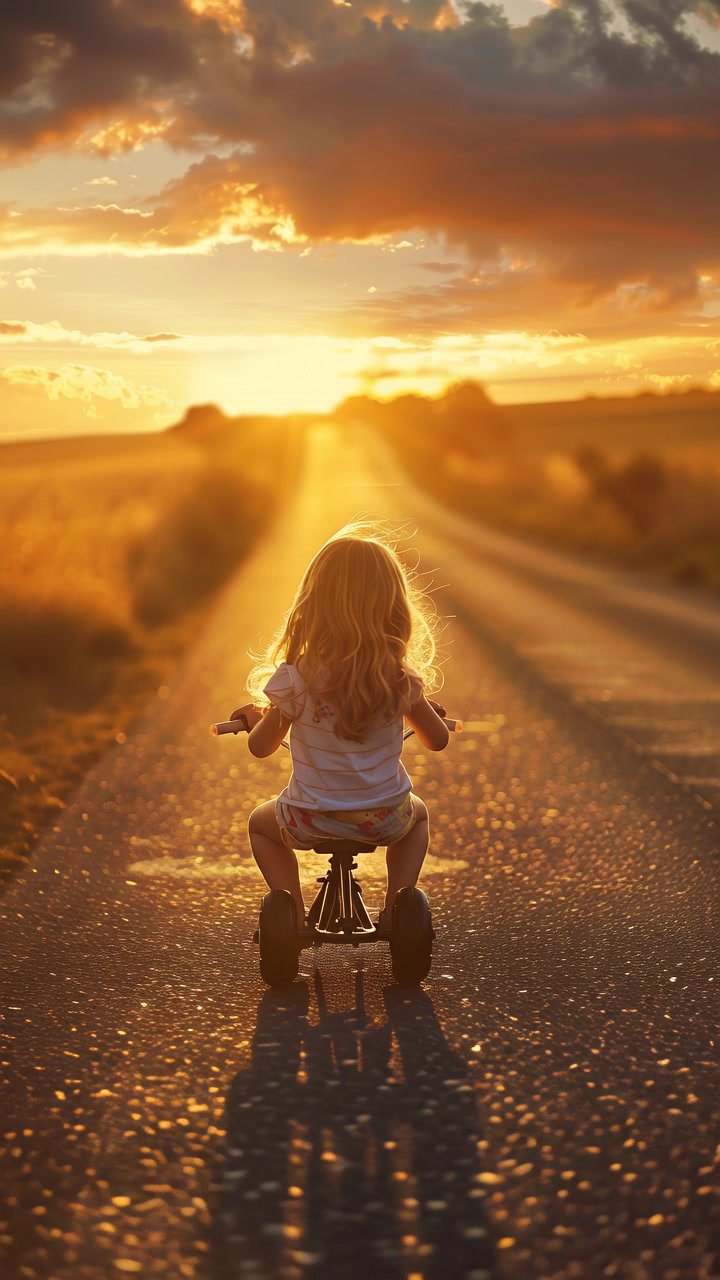 Child Riding Tricycle at Sunset