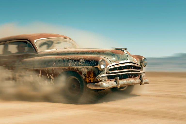 Rusty Car Drifting in Desert