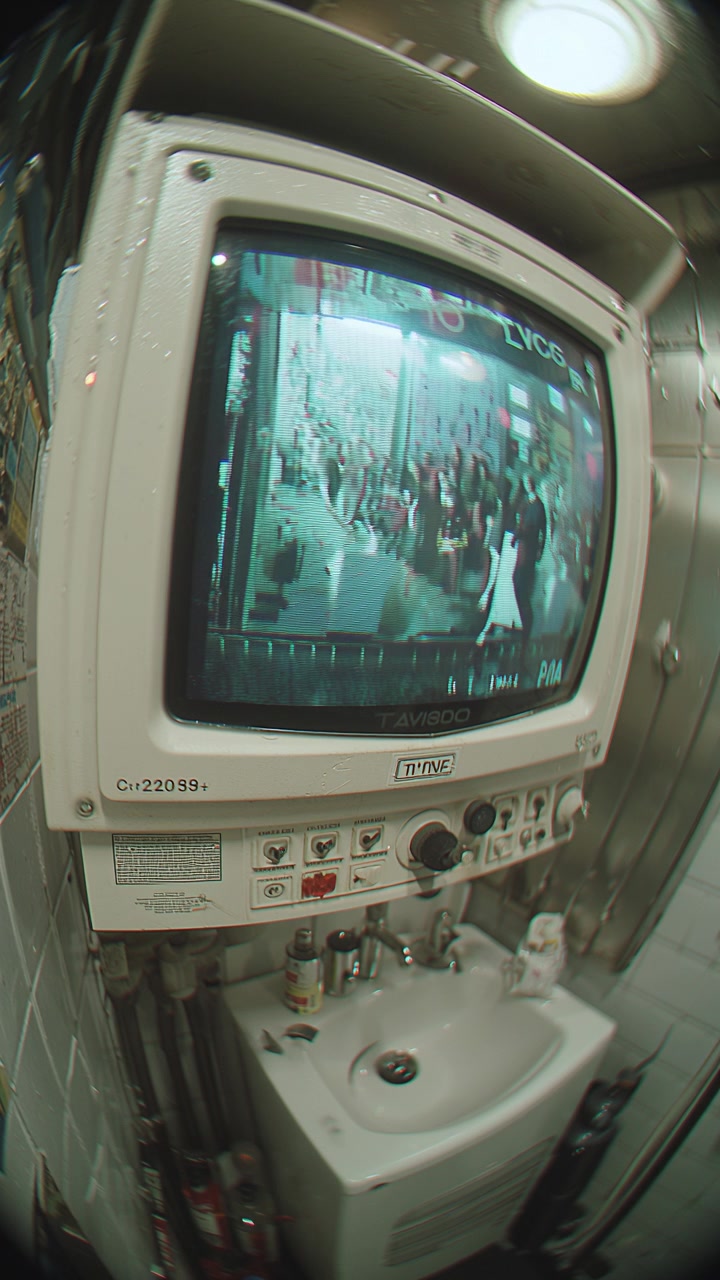 Monitor displaying crowded scene