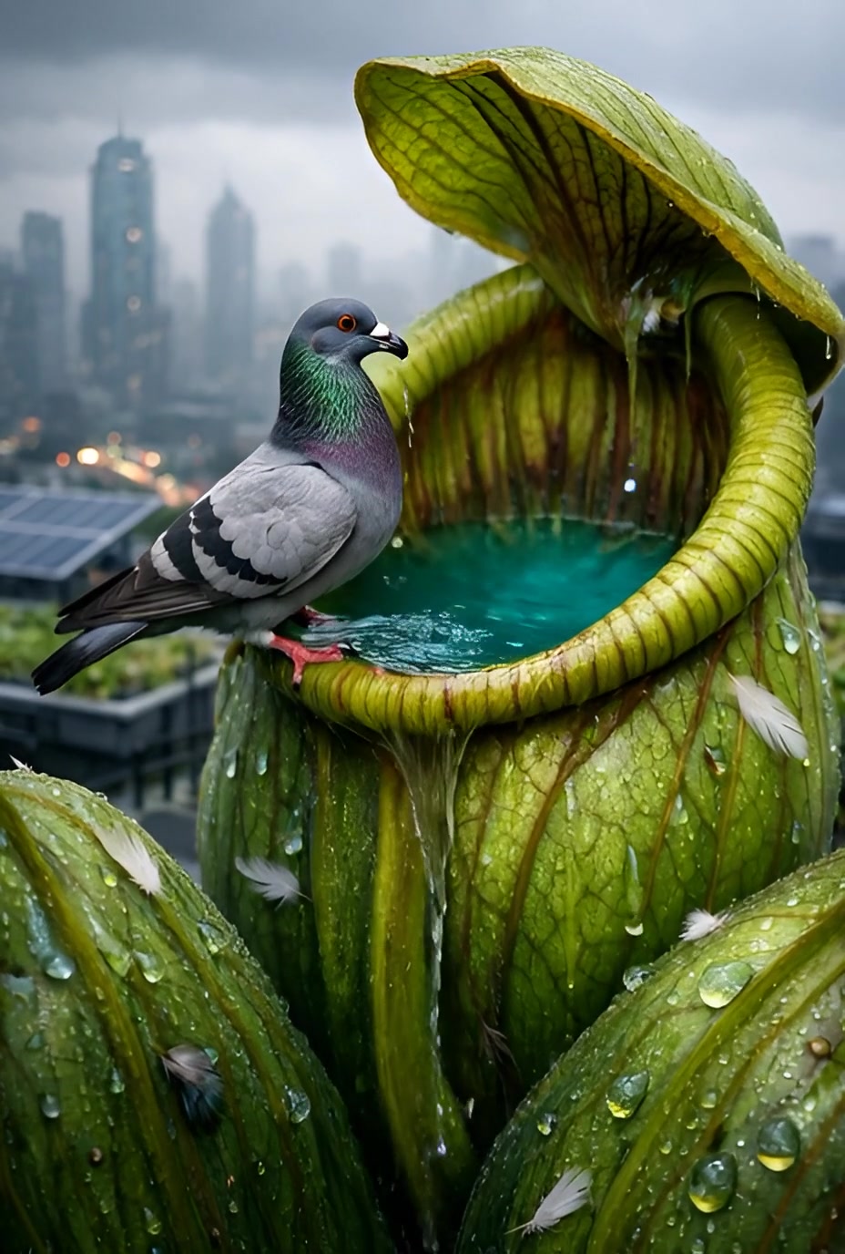 Pigeon on carnivorous plant