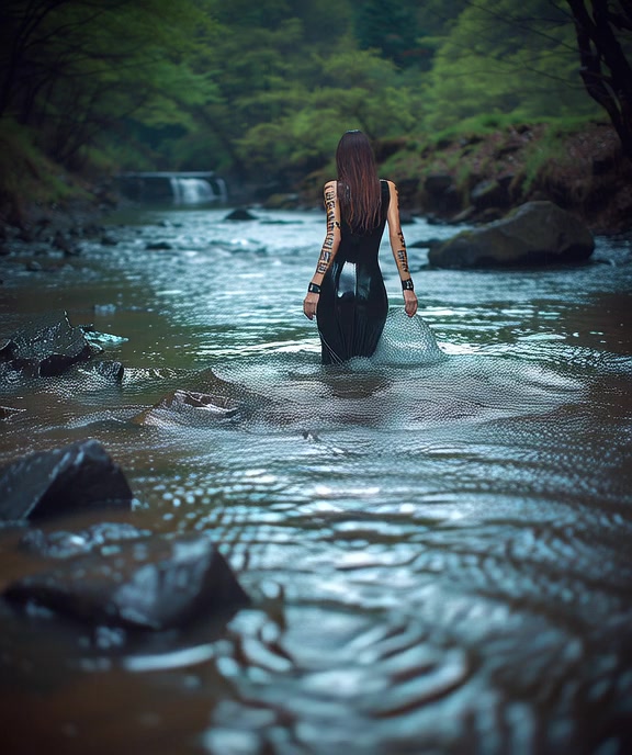 Woman in river with tattoos