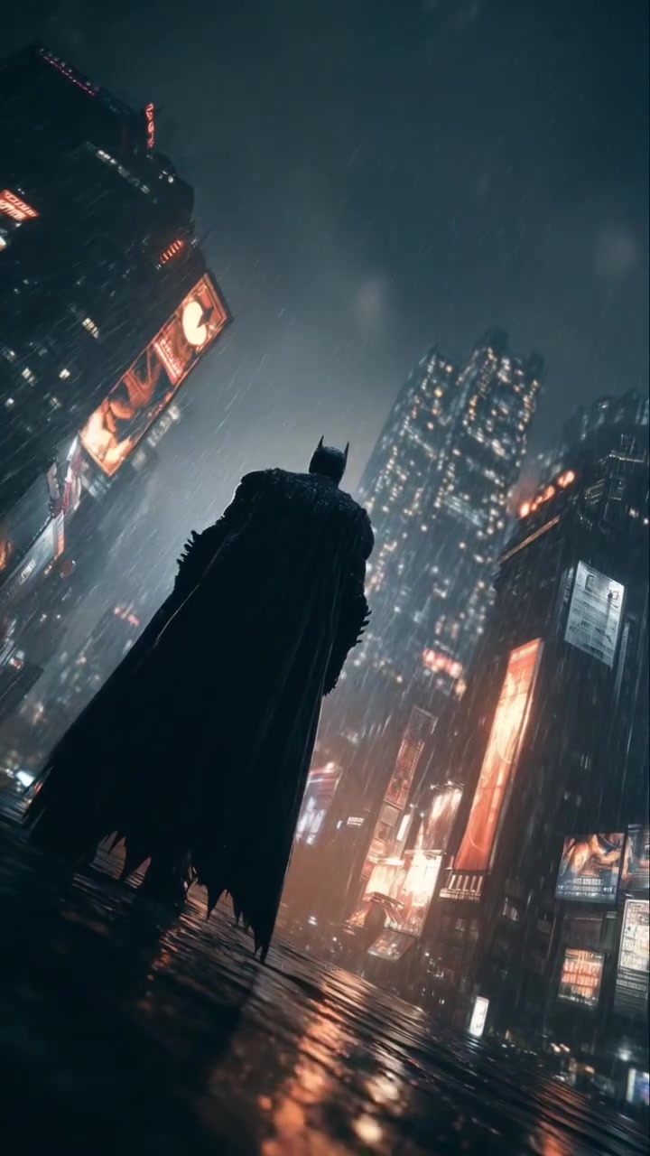 Batman in a Rainy Cityscape