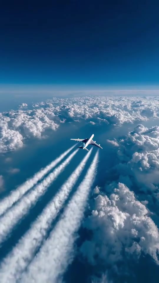 Airplane flying high above clouds