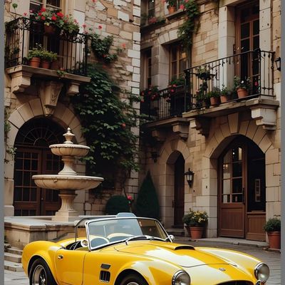 Vintage Yellow Sports Car in European Courtyard