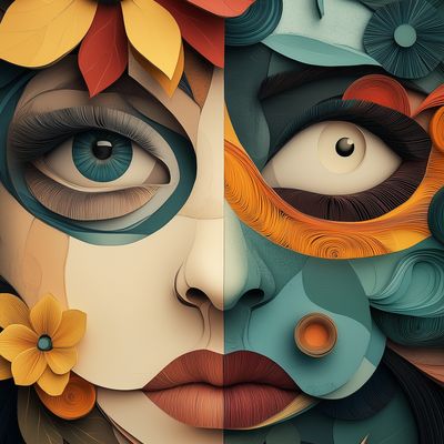 Abstract Dual Portrait with Floral Elements