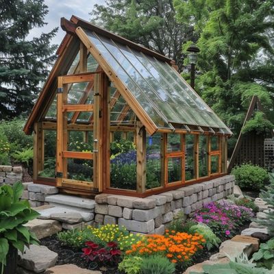 Cozy Wooden Greenhouse Amidst Flowers