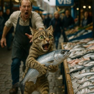 Cat Carrying Fish in Fish Market