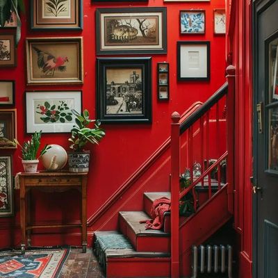 Red Staircase with Vintage Art