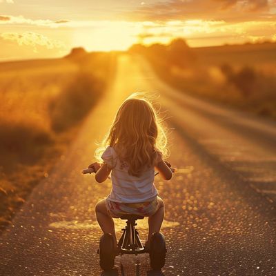 Child Riding Tricycle at Sunset