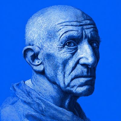 Blue Ink Portrait of an Elderly Man