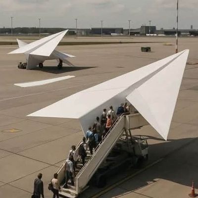 Paper Airplane Sculptures at Airport airport sculpture paper airplane people boarding