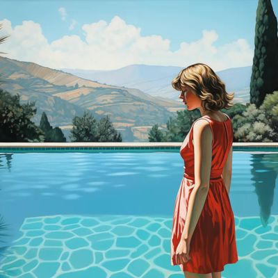 Woman in Red Dress by Poolside