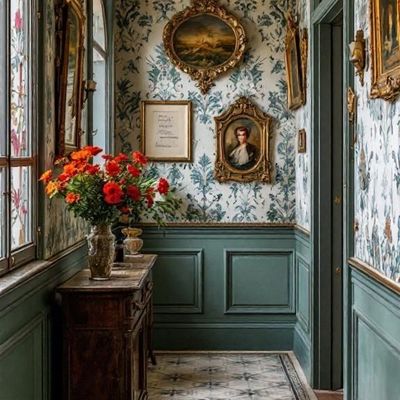 Vintage hallway with floral wallpaper and antique furniture