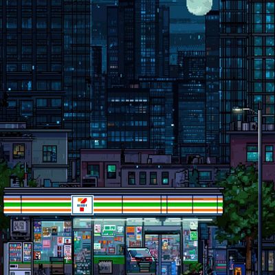 Urban Night Scene with 7-Eleven