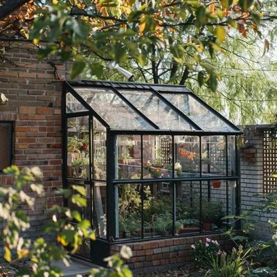 Modern greenhouse with brick walls