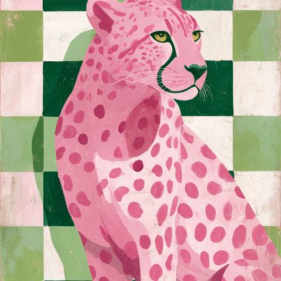 Pink Leopard on Checkered Background