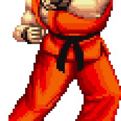Pixelated Red Dog in Orange Suit