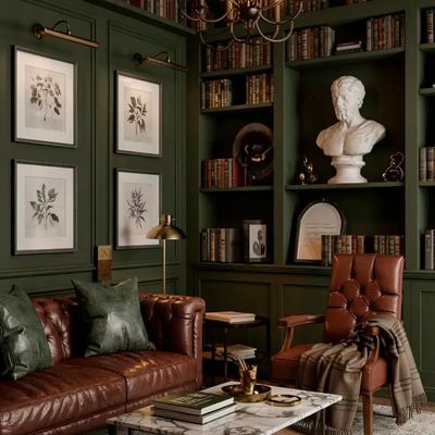 Elegant Green Library with Leather Furniture
