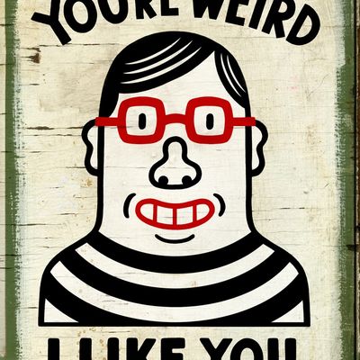 You're Weird, I Like You cartoon quirky textured red glasses striped shirt