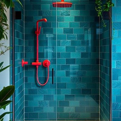 Modern Shower with Vibrant Blue Tiles