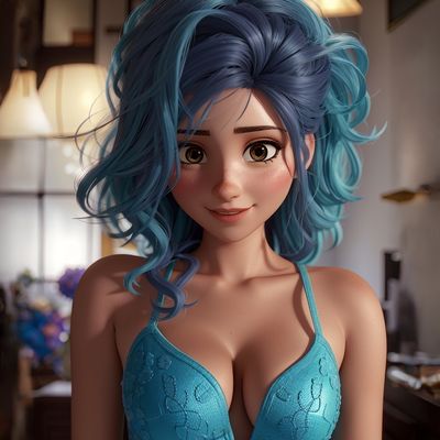 Blue-haired Woman in Lace Bra
