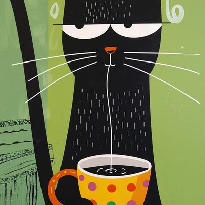 Rainy Cat Drinking Coffee