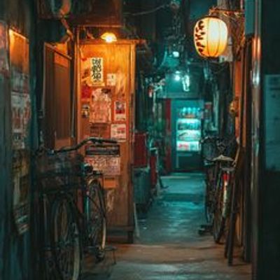 Narrow Alleyway at Night alley night lanterns neon bicycles