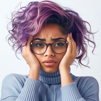 Purple-Haired Woman Expressing Stress