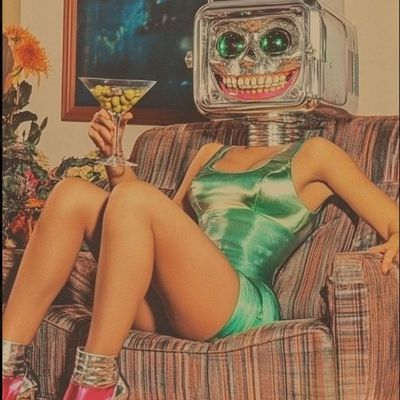 Robot Headed Woman in Green Catsuit